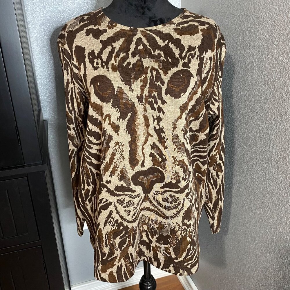 Cathy Daniels Sweater Womens Large Top Animal Print Long Sleeve Tiger Brown Knit